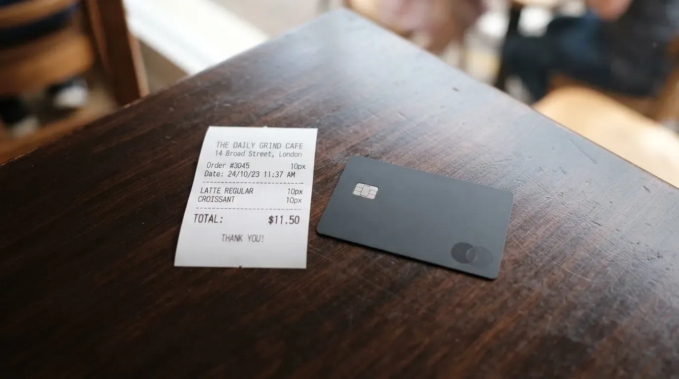 A receipt and a card on a café table