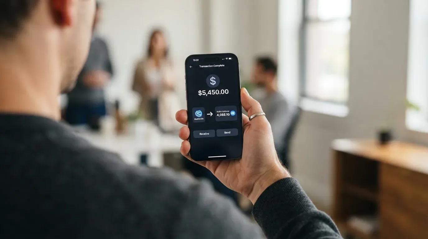A phone showing a stablecoin transfer screen
