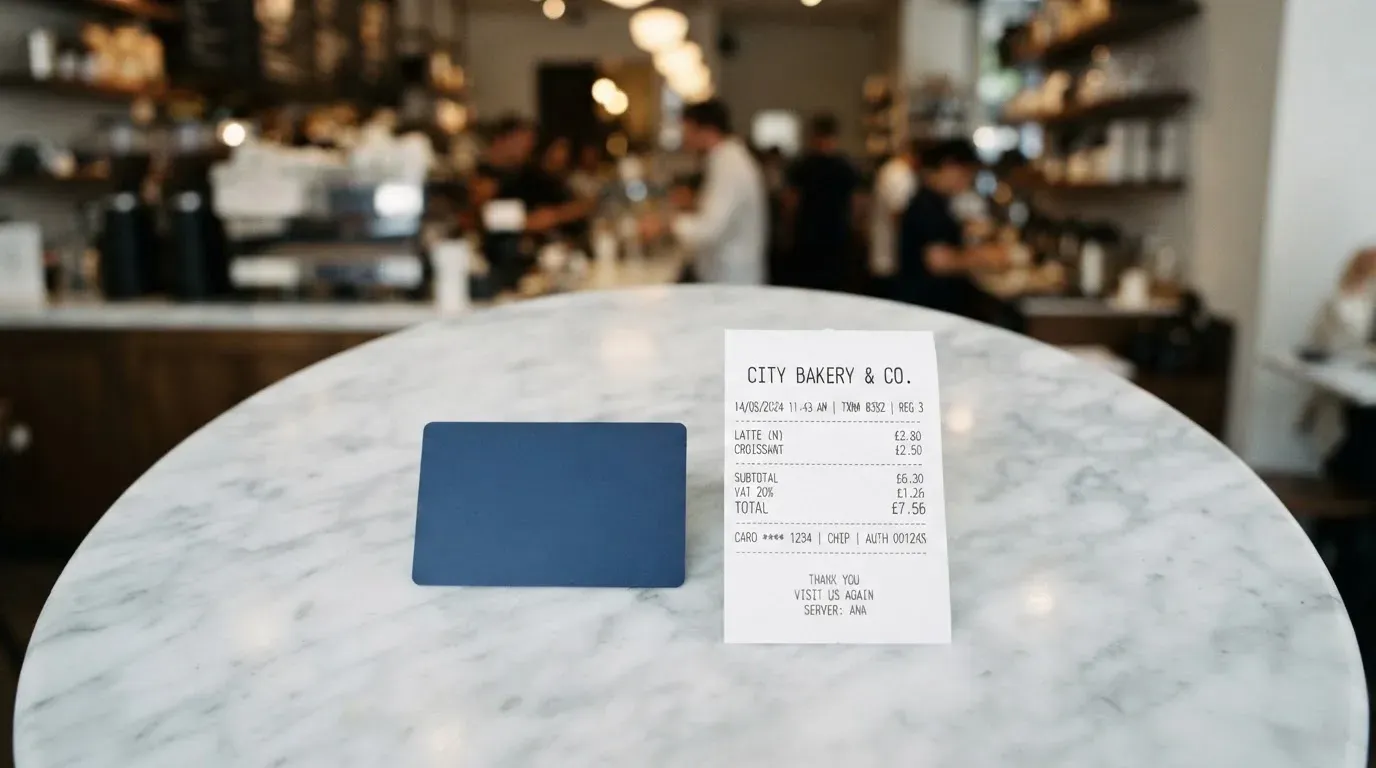 A receipt and a card on a café table