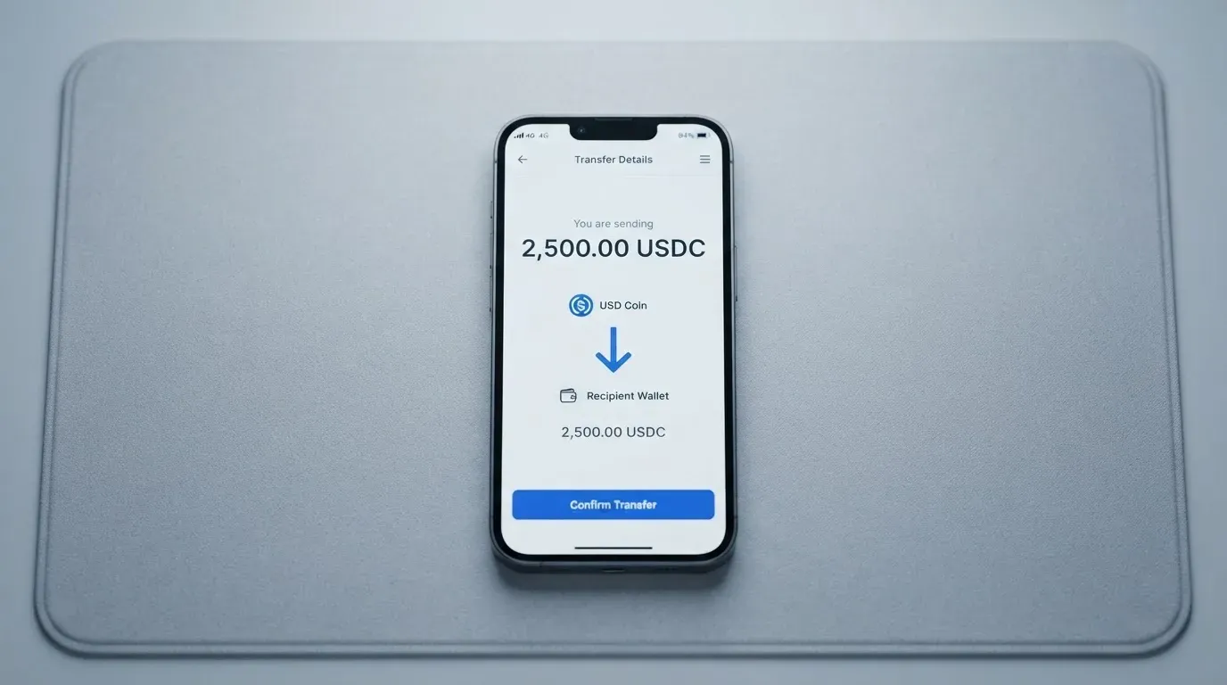 A phone showing a stablecoin transfer screen