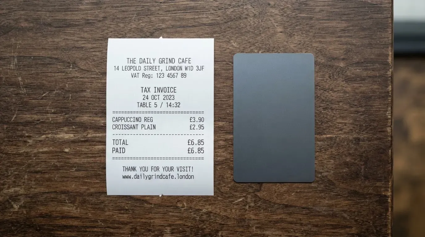 A receipt and a card on a café table