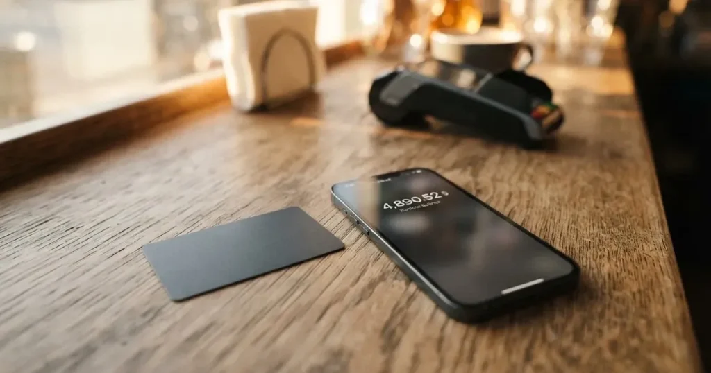 A payment card next to a phone with a crypto wallet app open