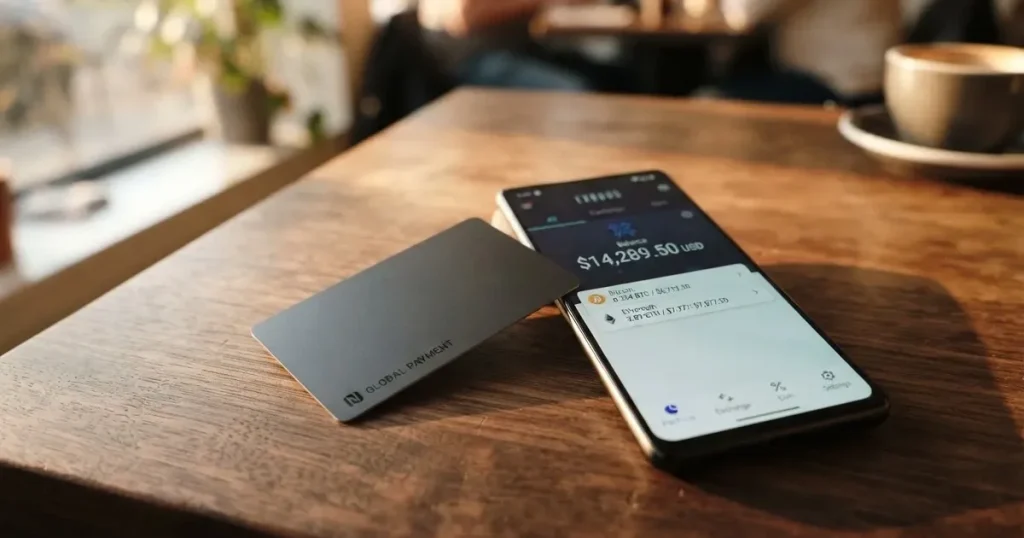 A payment card next to a phone with a crypto wallet app open