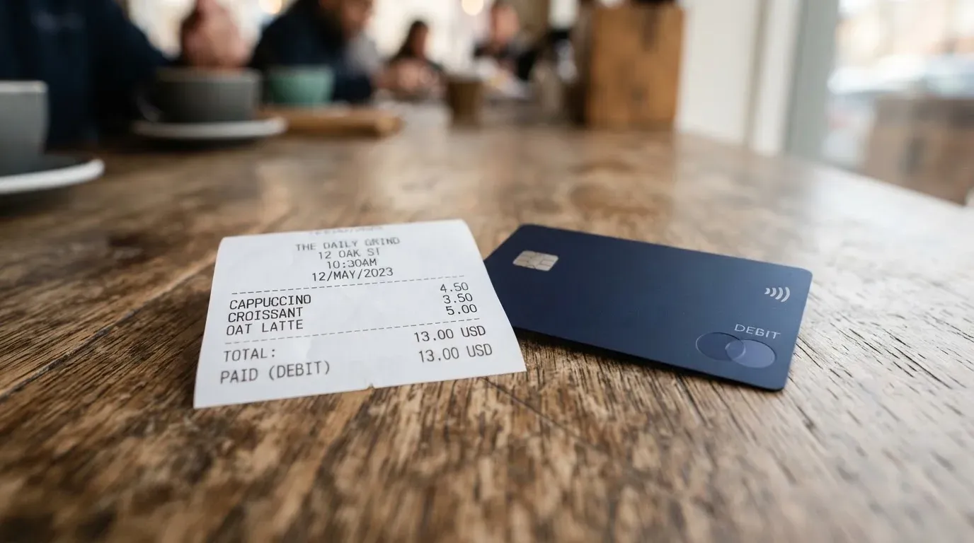 A receipt and a card on a café table