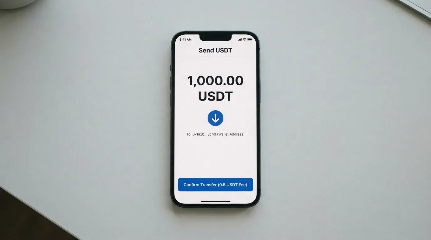A phone showing a stablecoin transfer screen