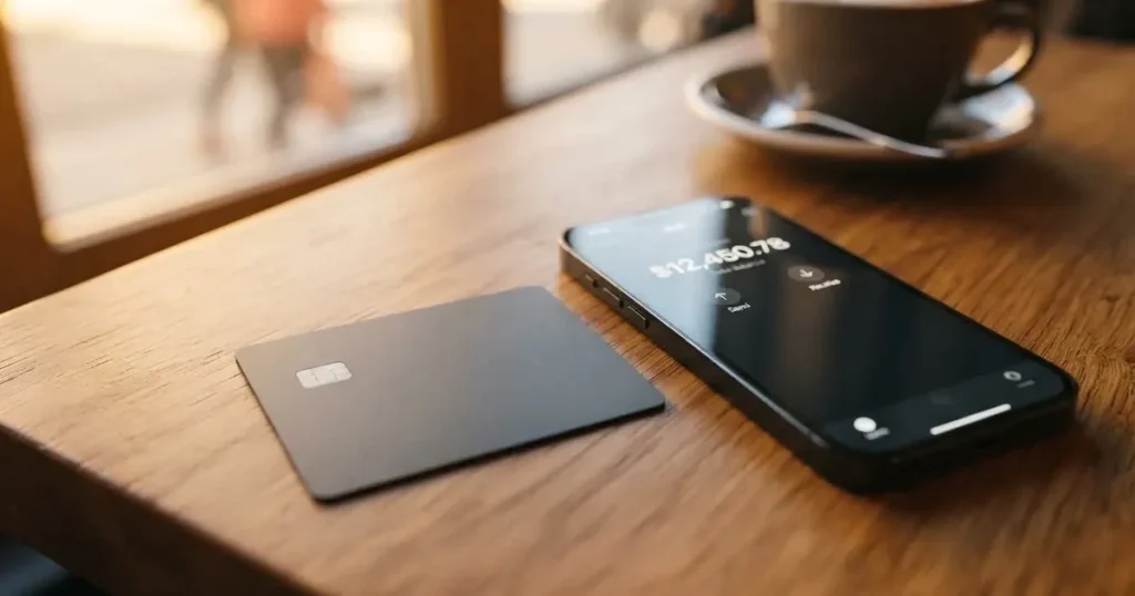 A payment card next to a phone with a crypto wallet app open