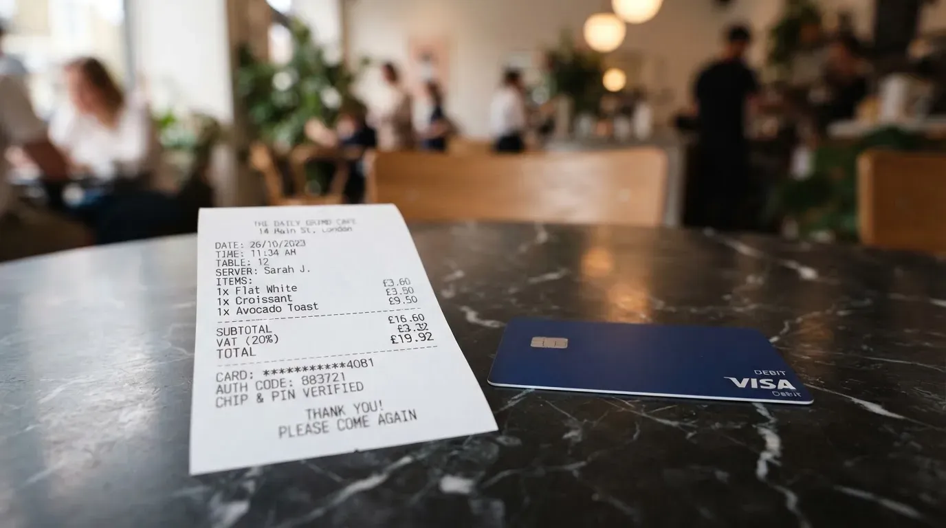 A receipt and a card on a café table