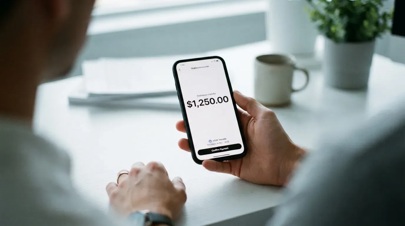 A phone showing a stablecoin transfer screen