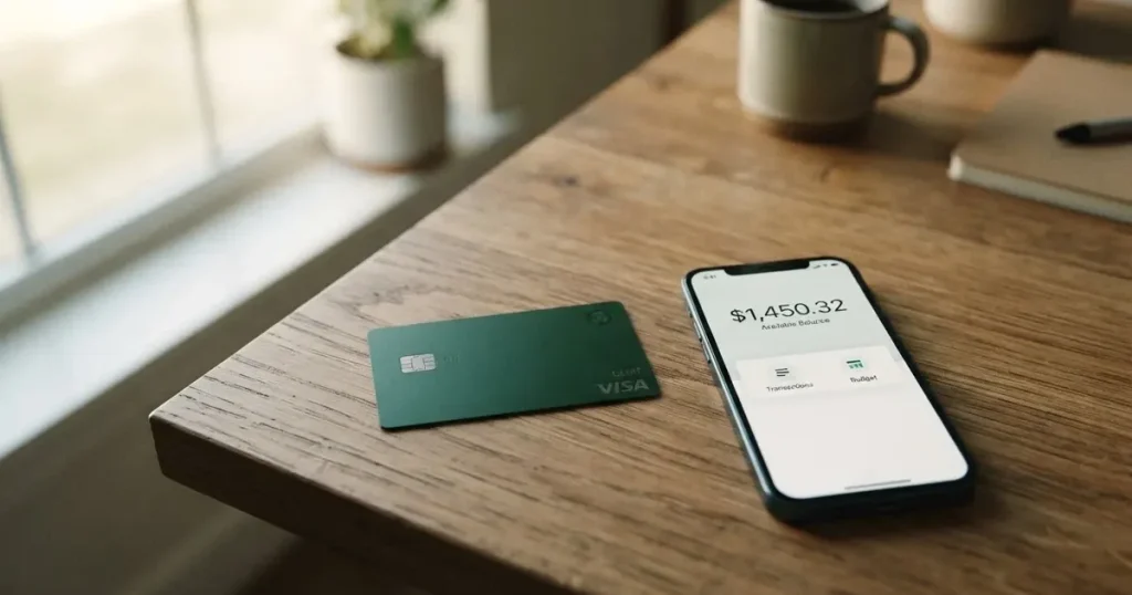 A payment card next to a phone with a crypto wallet app open