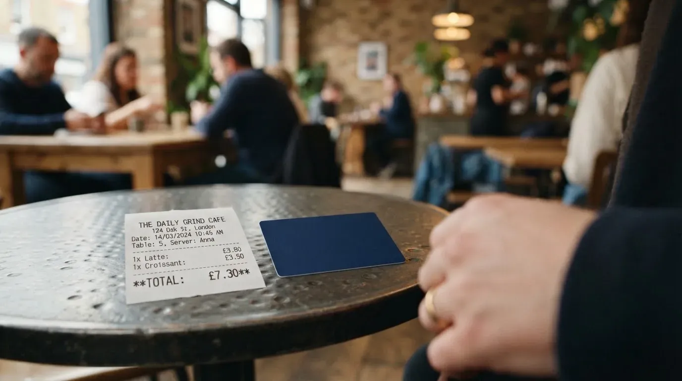 A receipt and a card on a café table