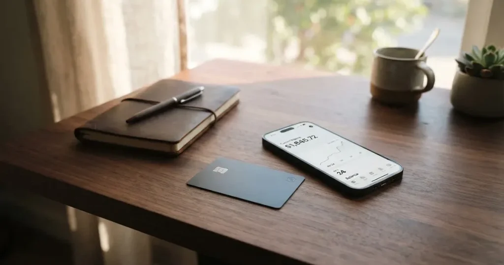 A payment card next to a phone with a crypto wallet app open