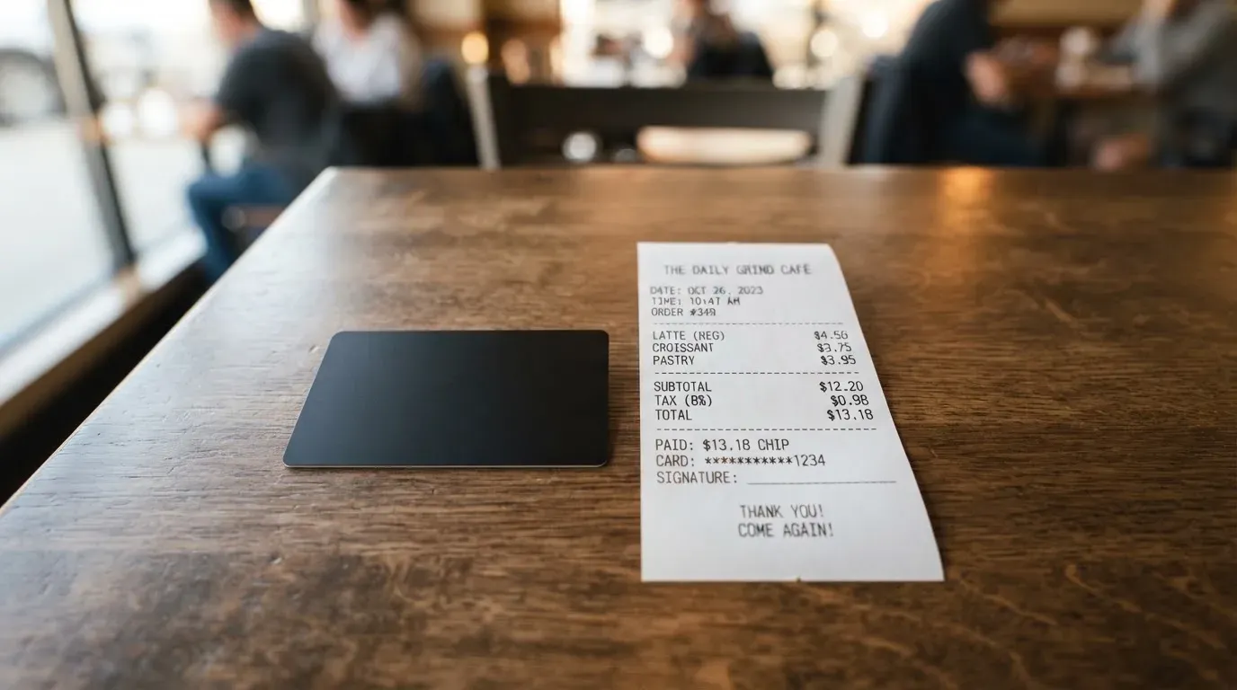 A receipt and a card on a café table