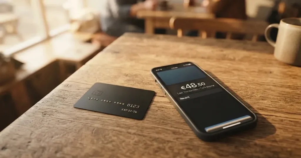 A payment card next to a phone with a crypto wallet app open