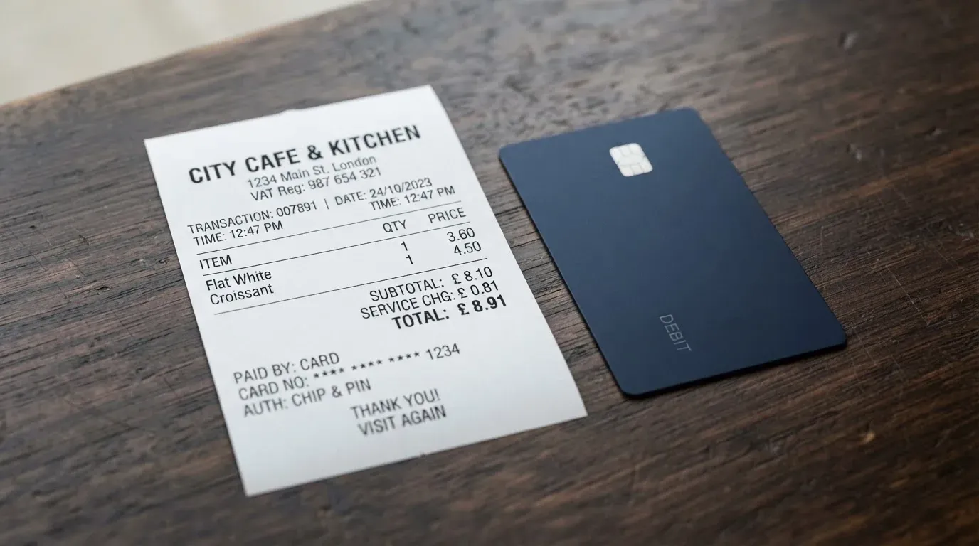 A receipt and a card on a café table