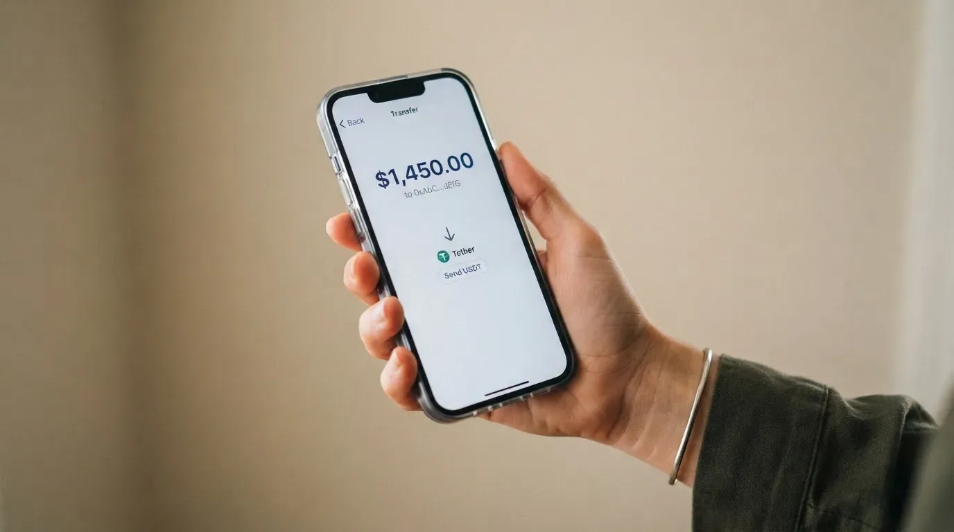 A phone showing a stablecoin transfer screen