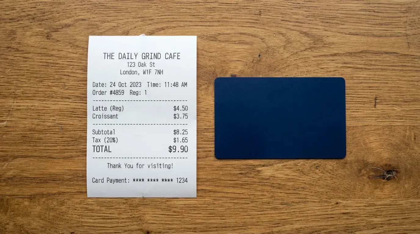 A receipt and a card on a café table