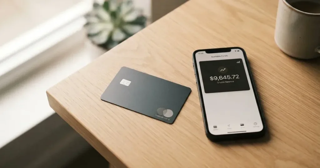 A payment card next to a phone with a crypto wallet app open