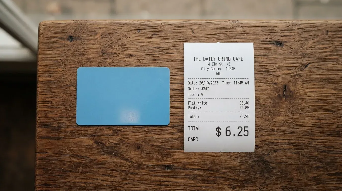 A receipt and a card on a café table