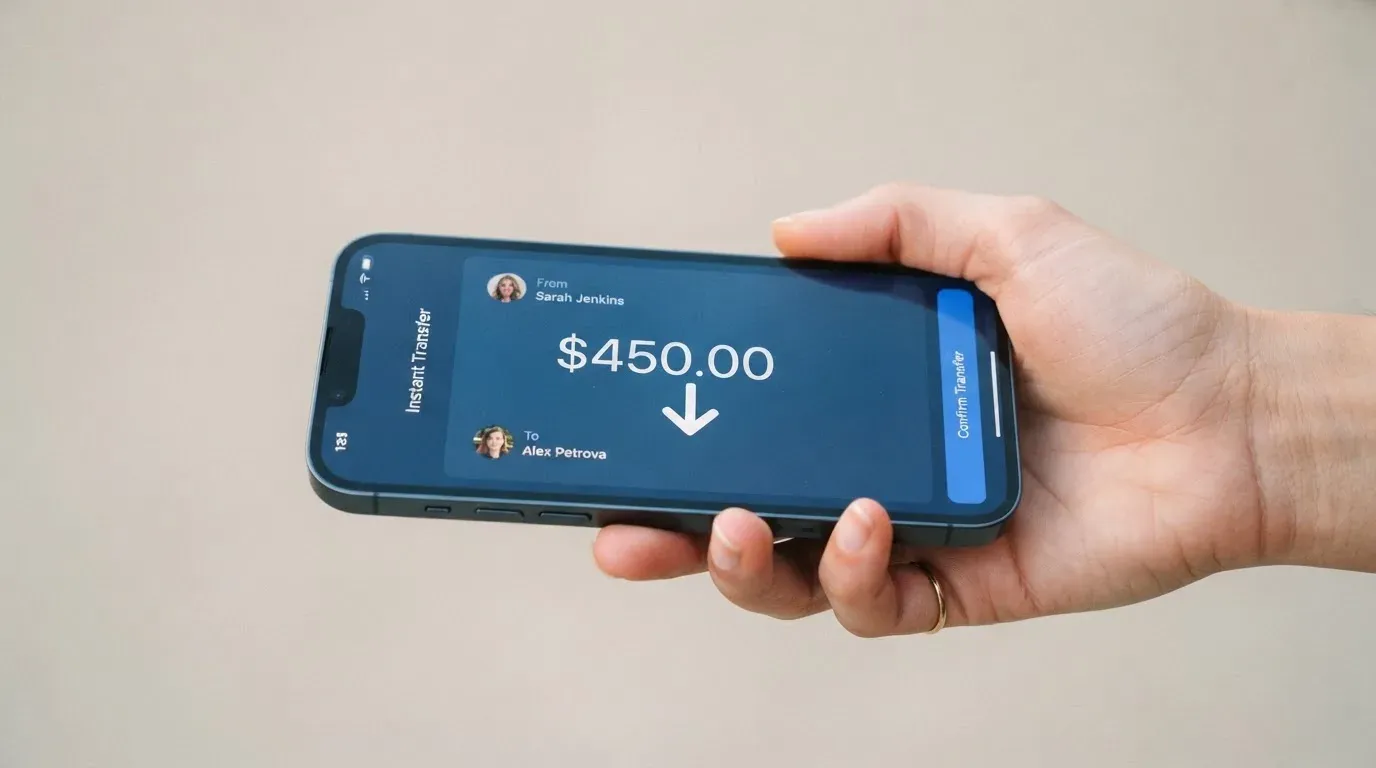 A phone showing a stablecoin transfer screen
