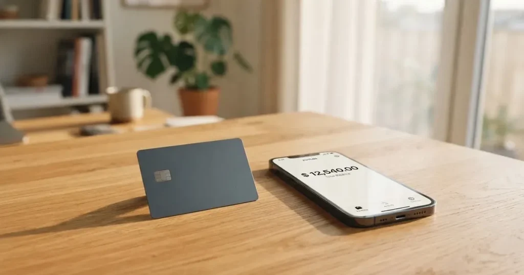 A payment card next to a phone with a crypto wallet app open