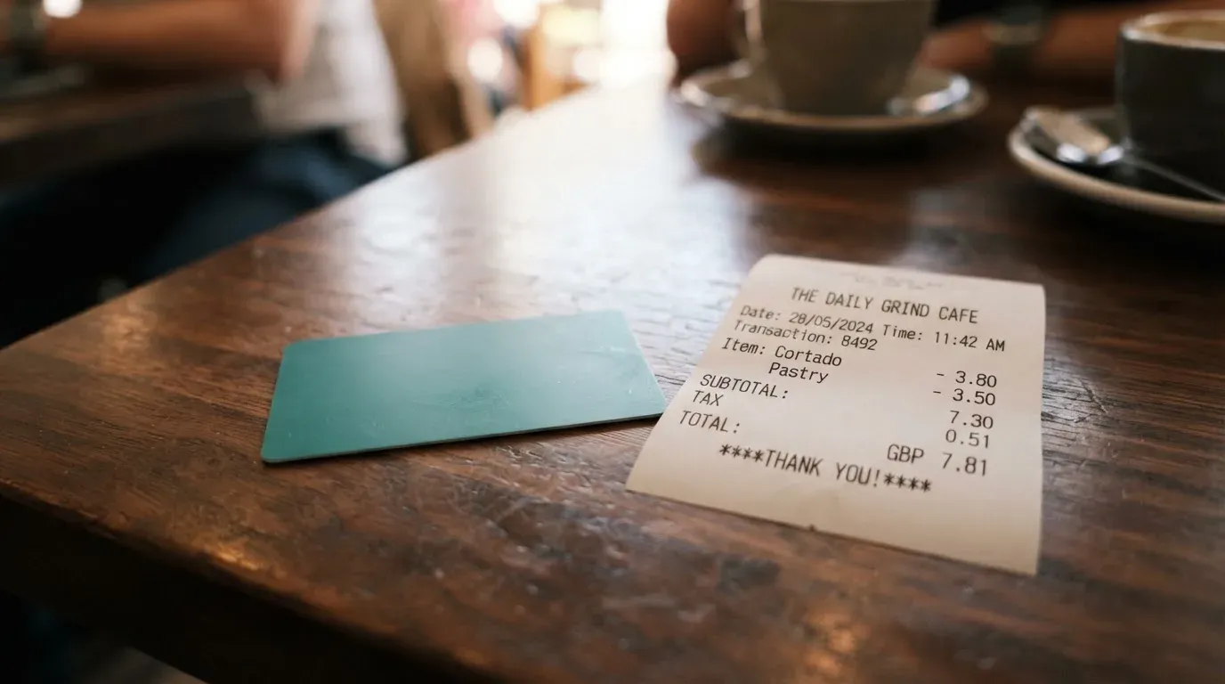 A receipt and a card on a café table