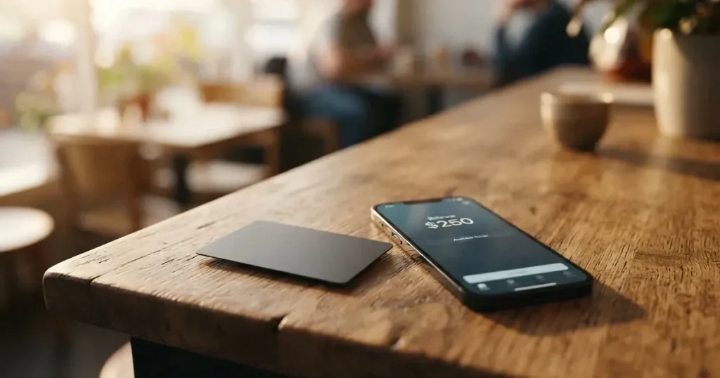 A payment card next to a phone with a crypto wallet app open