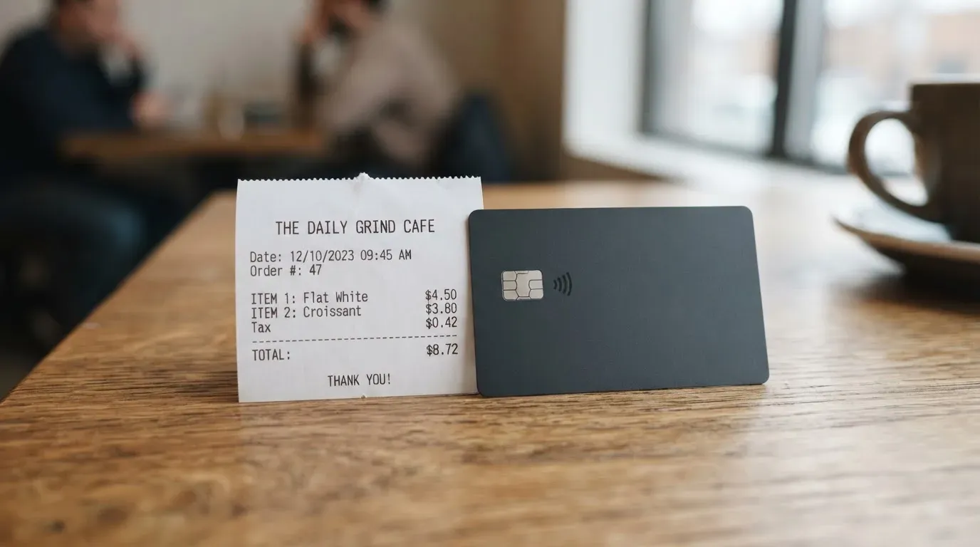 A receipt and a card on a café table