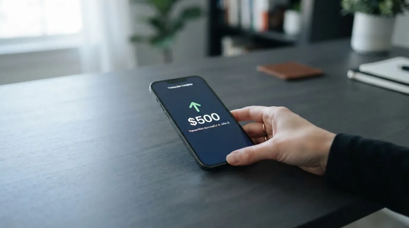 A phone showing a stablecoin transfer screen