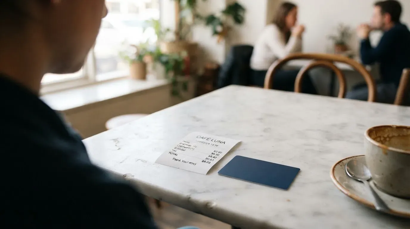 A receipt and a card on a café table