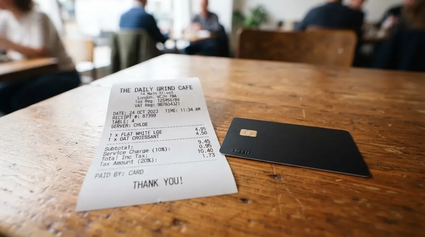 A receipt and a card on a café table