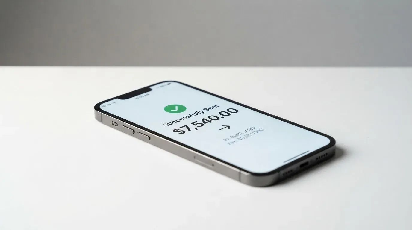 A phone showing a stablecoin transfer screen