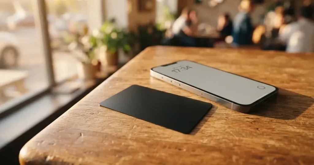 A payment card next to a phone with a crypto wallet app open