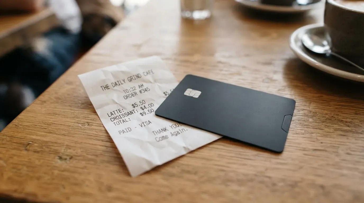A receipt and a card on a café table