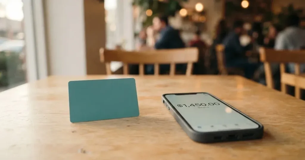 A payment card next to a phone with a crypto wallet app open