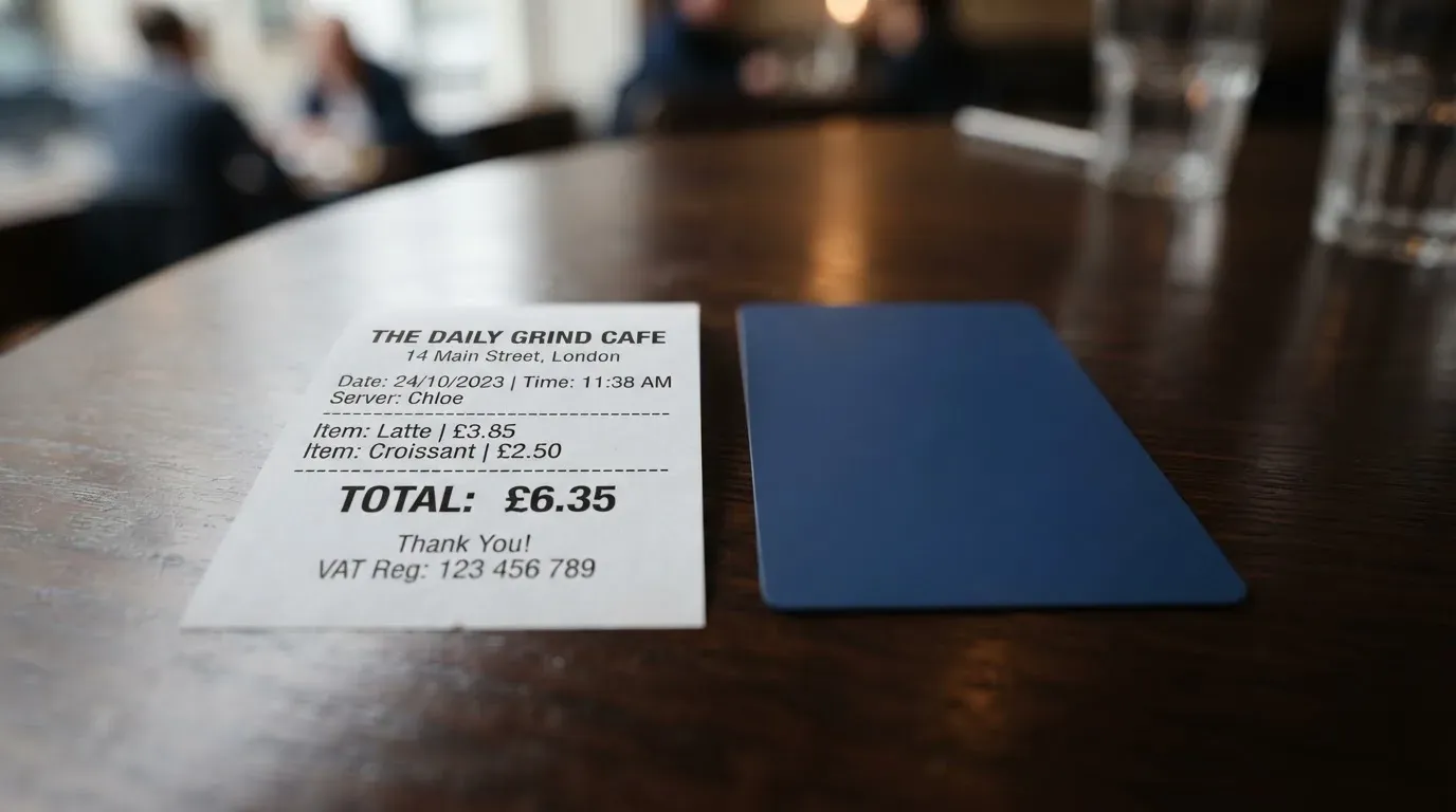 A receipt and a card on a café table