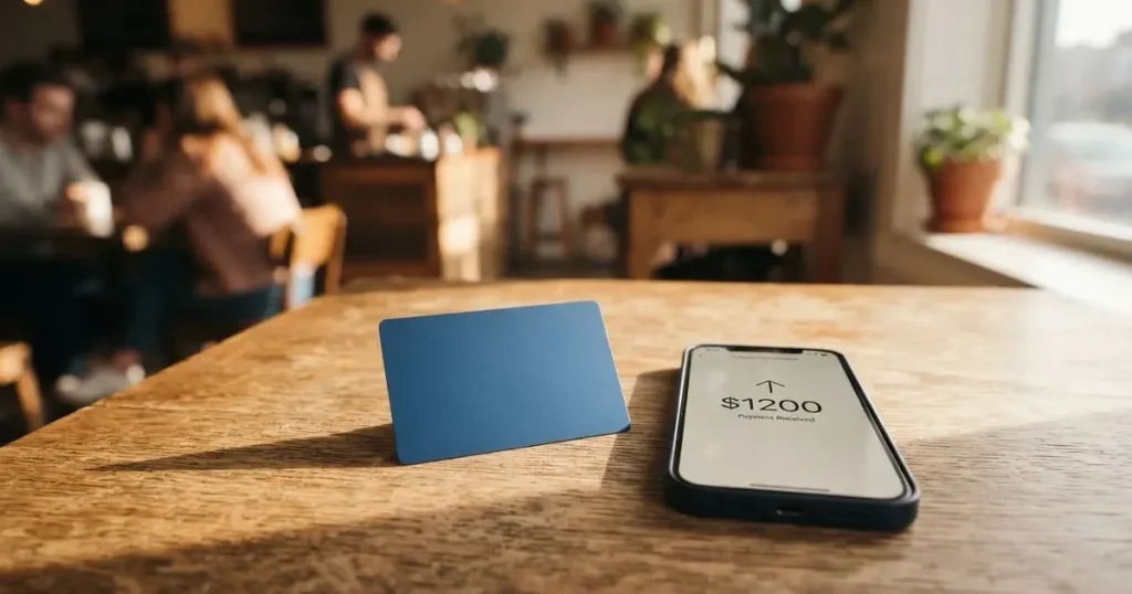 Several payment cards fanned out next to a phone with a crypto wallet app