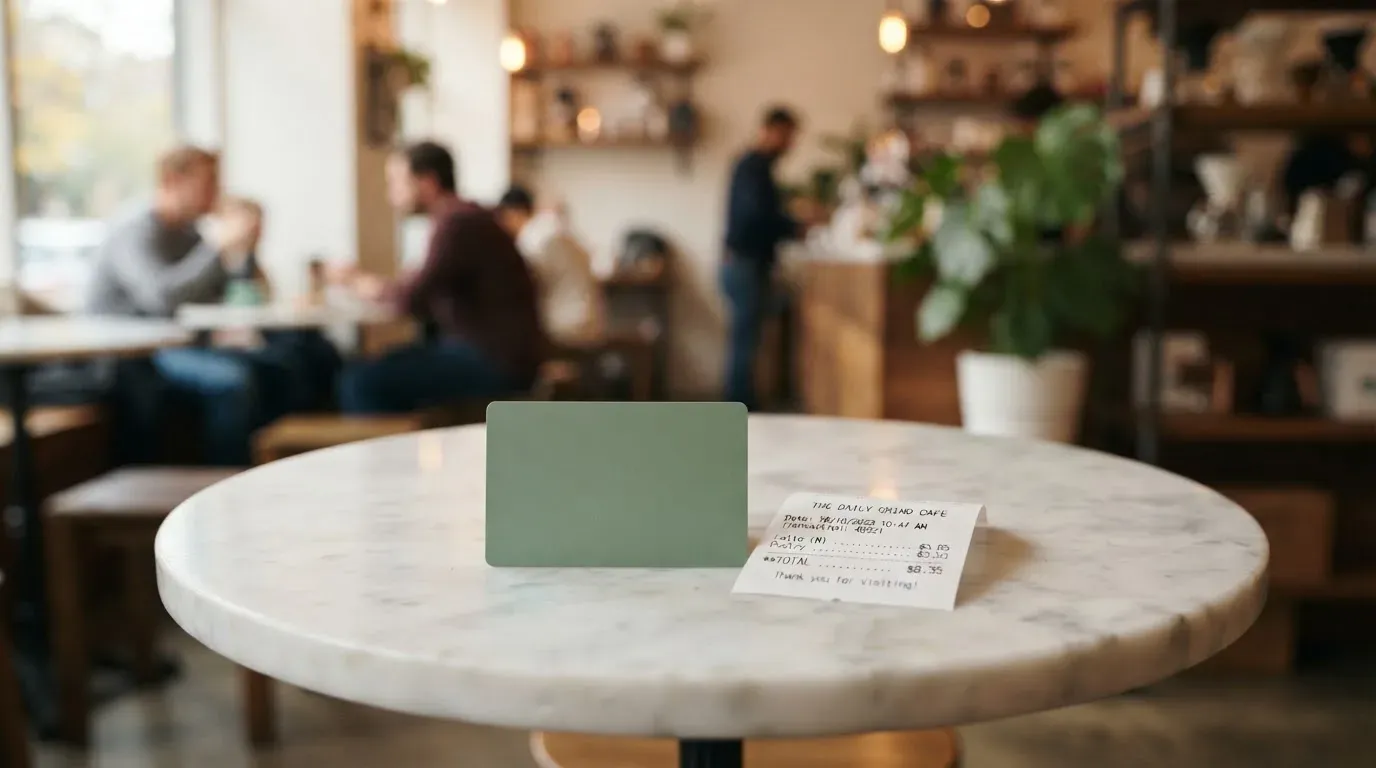A receipt and a card on a café table