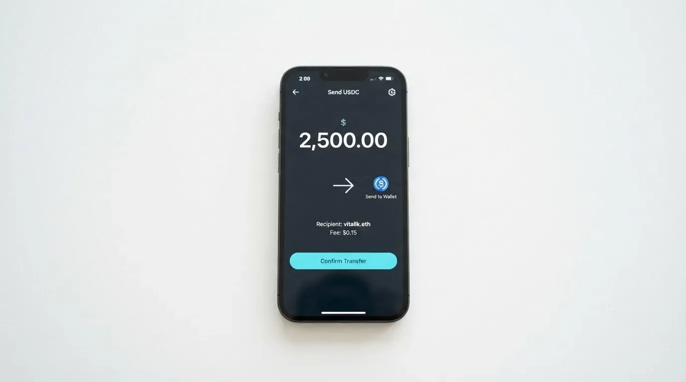 A phone showing a stablecoin transfer screen