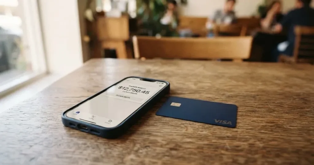 A payment card next to a phone with a crypto wallet app open