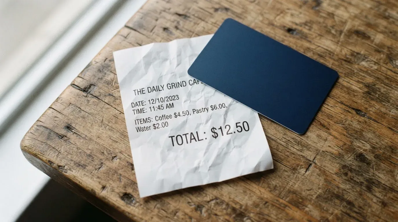 A receipt and a card on a café table