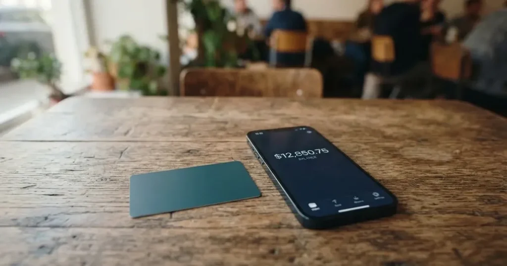 A payment card next to a phone with a crypto wallet app open