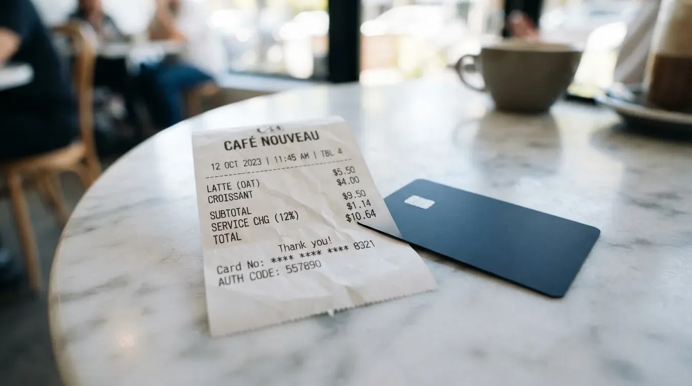 A receipt and a card on a café table