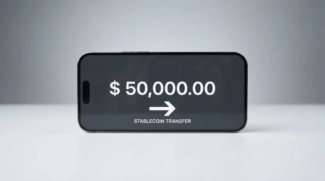 A phone showing a stablecoin transfer screen