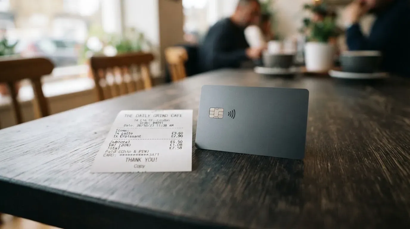 A receipt and a card on a café table