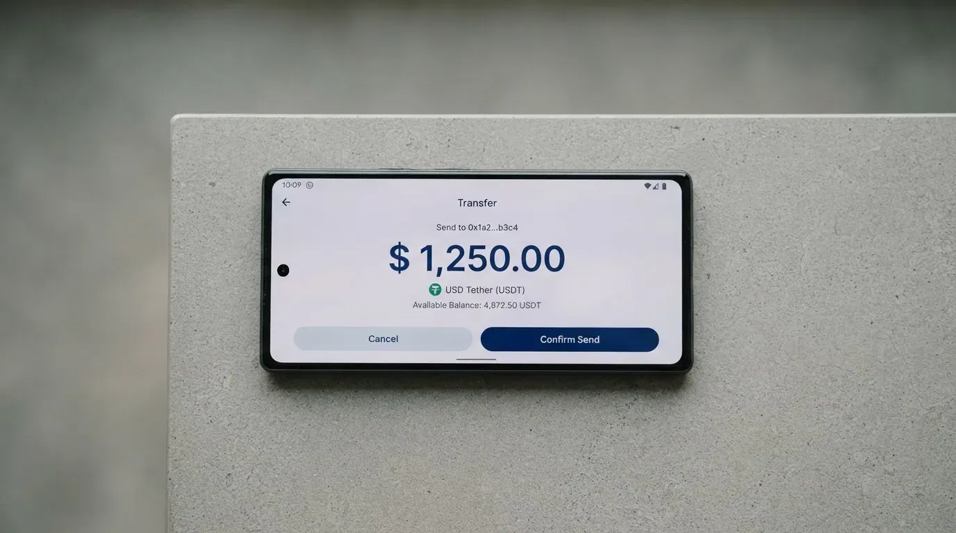 A phone showing a stablecoin transfer screen