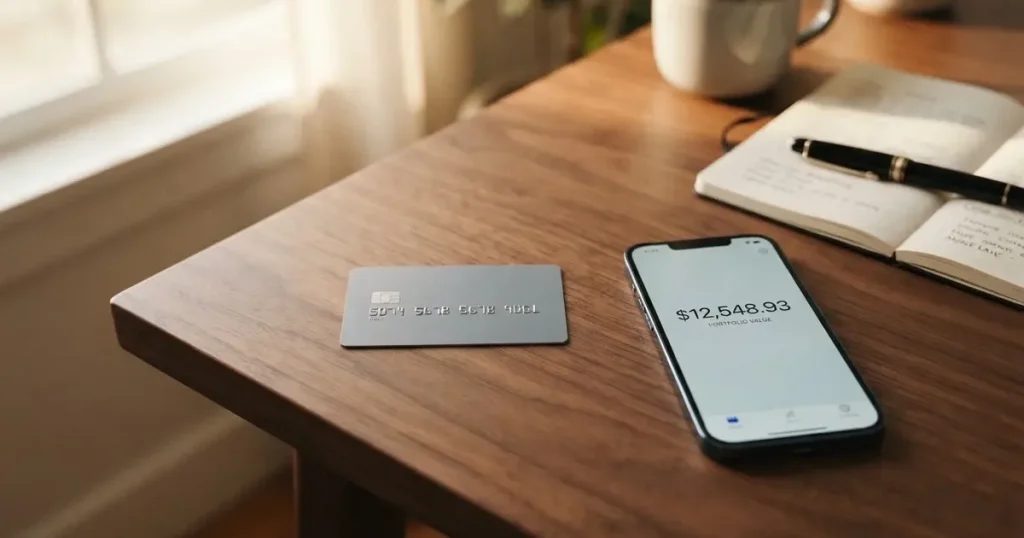 A payment card next to a phone with a crypto wallet app open