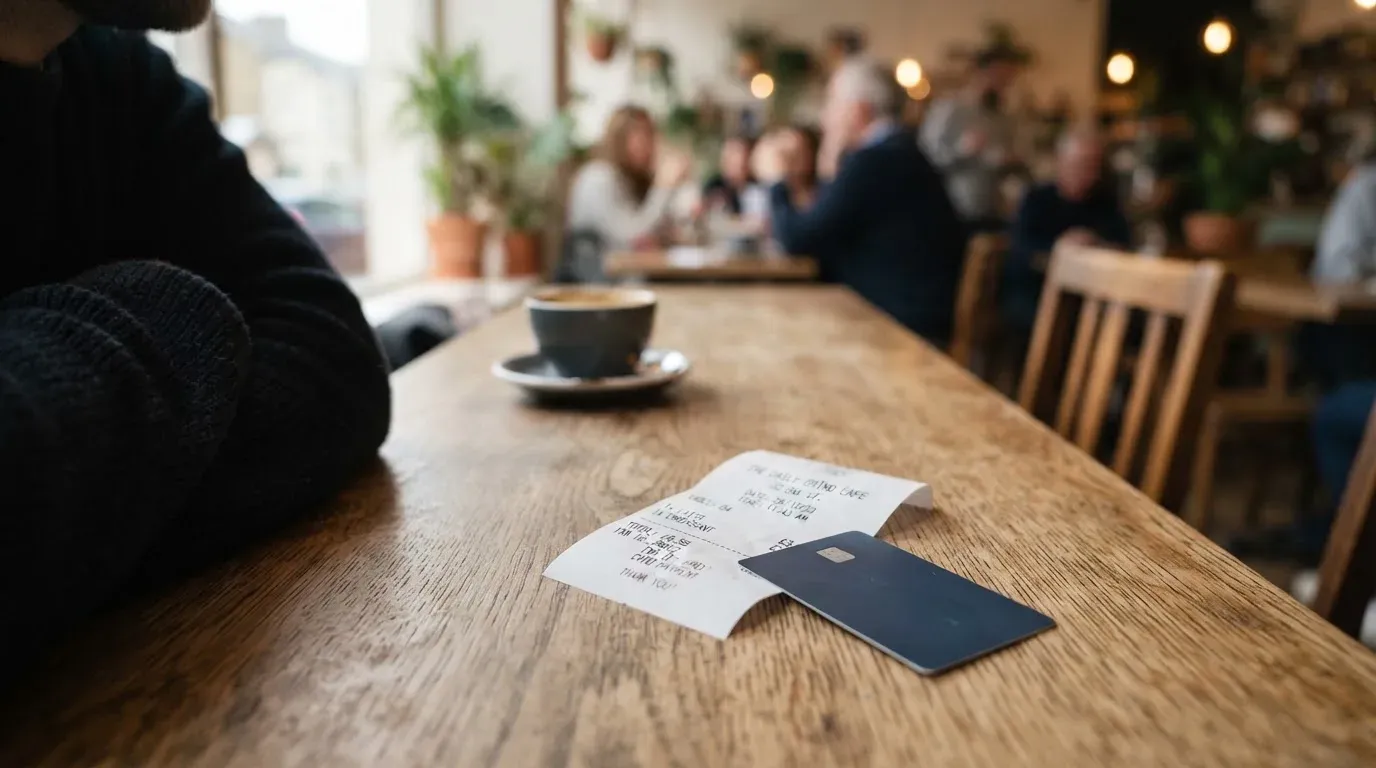 A receipt and a card on a café table