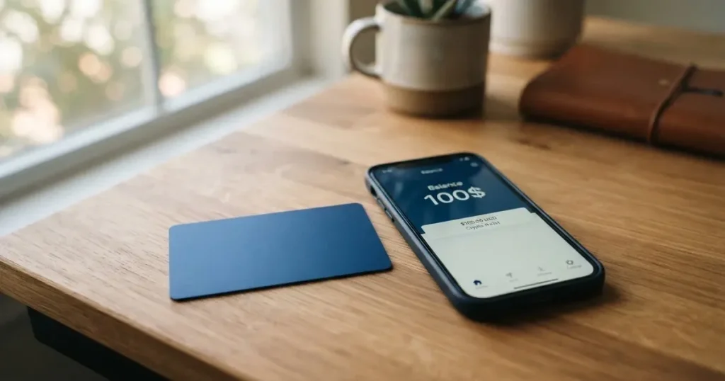 A payment card next to a phone with a crypto wallet app open
