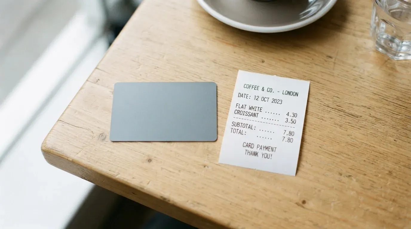 A receipt and a card on a café table