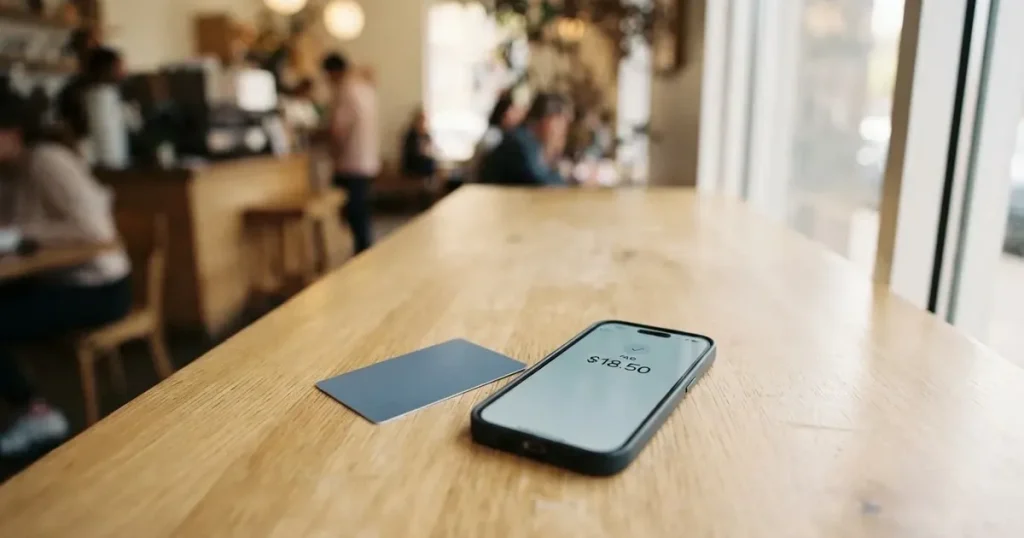 A payment card next to a phone with a crypto wallet app open